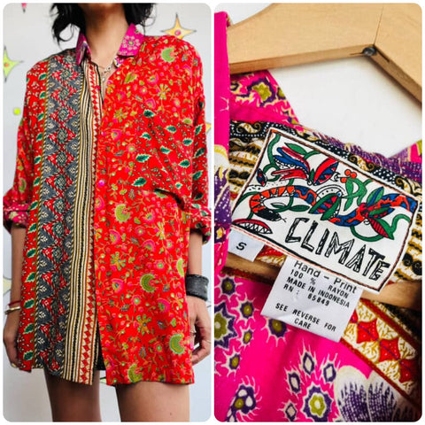 Vintage Patchwork Embroidered Shirt Boho Pirate Grunge Rainbow | Oversized S