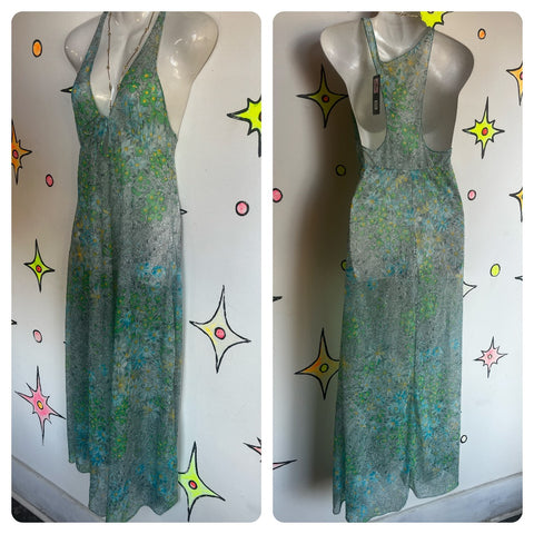 Vintage 60s 70s | Blue Green Floral Fairy Grunge Maxi Slip Dress Sexy Nighty