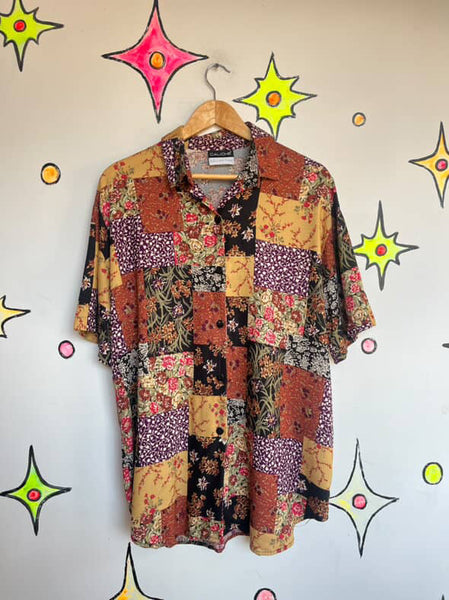 Vintage 80s 90s Boho Whimsy Grunge Fairy Patchwork Button Up Shirt – L
