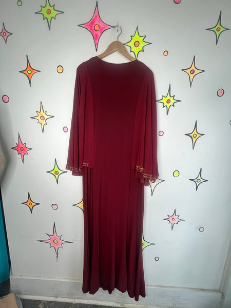 Vintage Burgundy Glam Disco Goddess Maxi Dress Flowy Statement Sleeves L/XL