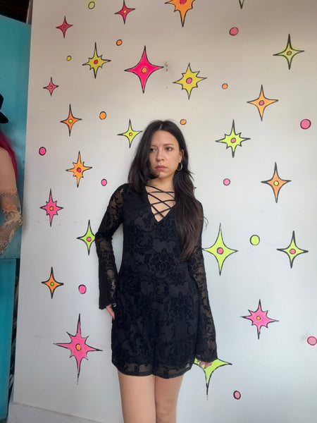 Vintage Black Velvet Burnout Playsuit Goth Fairy Grunge Bell Sleeve Romper L