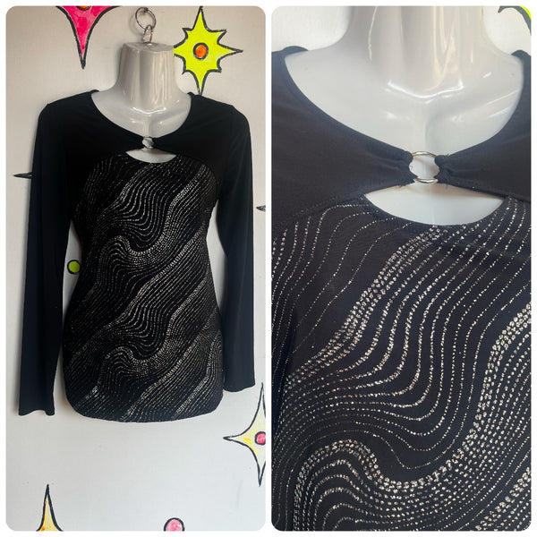 Vintage Y2K 2000s | Black Silver Metallic Abstract Cyber Fairy Grunge Top | S