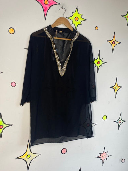 Y2K Sheer Black Rhinestone Top Witchy Boho Y2K Glam Tunic - Medium