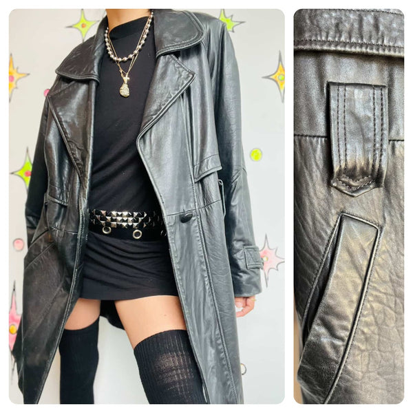 Vintage 80s 90s Black Leather Trench Coat | Goth Grunge Matrix Style | Small