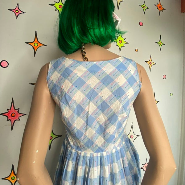 Vintage 50s Pastel Blue Fit & Flare Dress Cotton Twirl Dress Mid Century Pinup SM