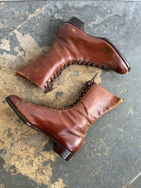 Antique 1900s Edwardian Victorian Brown Leather Lace-Up Boots – Modern 7.5–8