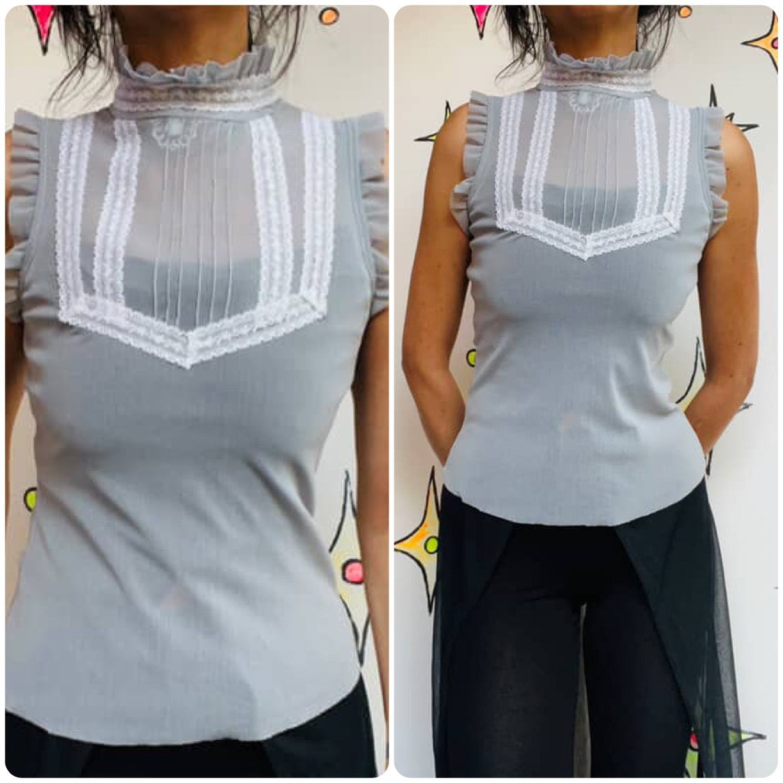 Vintage Y2K | Gray Sheer Lace Rococo Gothic Ruffle Babydoll Fairy Grunge Top | M