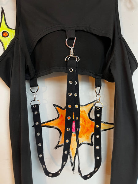 Y2K Black Goth Vixen Vamp Punk Metal Bondage Harness Crop Top Hoodie M