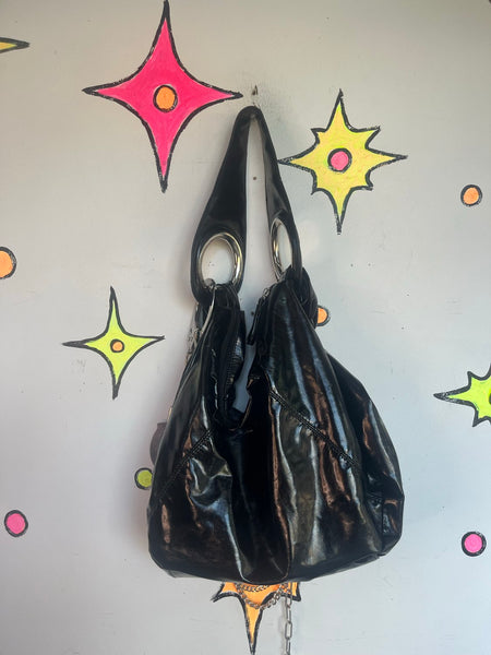 Black Patent Leather Bag Y2K Trashy Chic McBling Moto Glam Chain Handcuff Purse