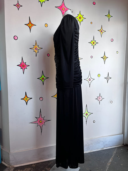 Vintage 80s Black Ruched Lace Jumpsuit | Goth Glam Formal Party Gown – L