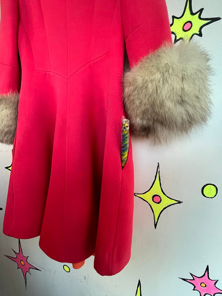 Vintage 60s Lilli Ann Pink Fur Trim Old Hollywood Glam Princess Swing Coat S