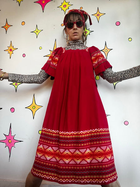 Vintage Mexican Embroidered Dress Red Oaxacan Folk Boho Fiesta Cotton - SM