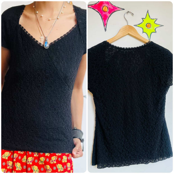 Vintage 90s Y2K Black Lace Fairy Grunge Top | Whimsy Goth | Size M