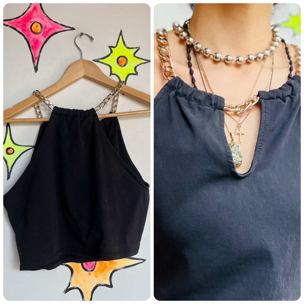 Y2K Black Halter Crop Top w Gold Chain Choker – Glam Fairy Goth – XL