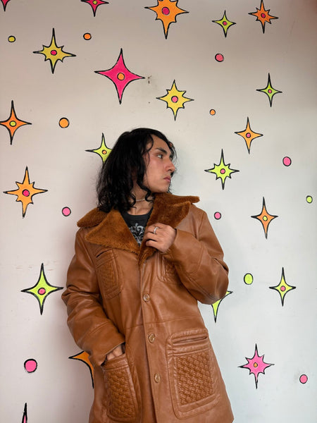 Vintage 70s Vinyl Sherpa Coat Faux Fur Penny Lane Jacket Boho Hippie Retro XL