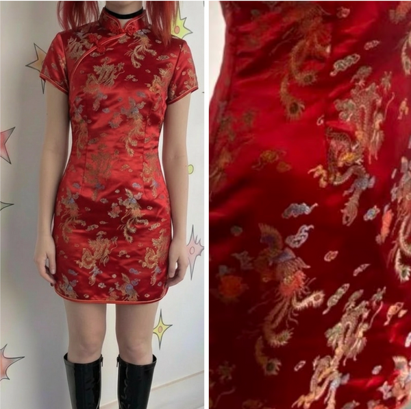 Vintage Red & Gold Satin Cheongsam Mini Dress Dragon Print Y2K Asian Inspired XL