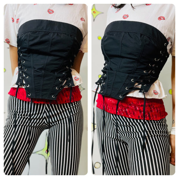 Black Lace-Up Corset Top with Lace Trim & Grommets - Gothic Romantic Y2K Vibe M
