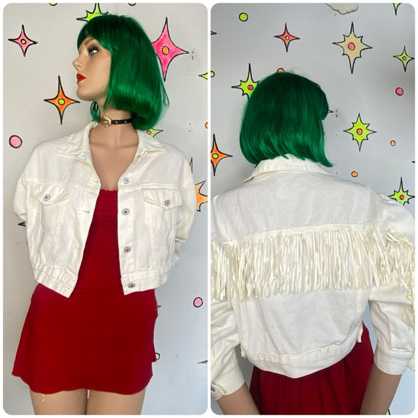 White Denim Fringe Crop Jacket Western Cowgirl Festival Streetwear S