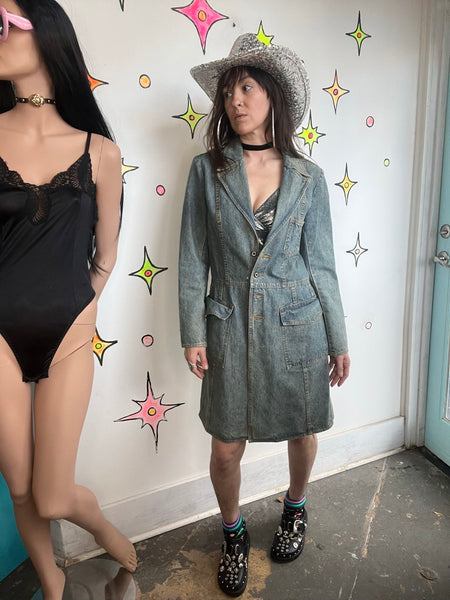 Vintage 2000s Utility Denim Trench Coat - 90s/00s Biker Western Grunge - Size M