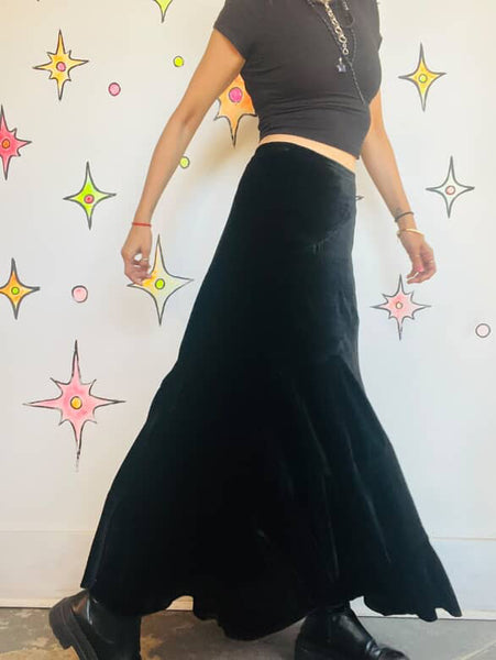 Vintage Y2K Black Velvet Maxi Skirt | Fairy Grunge Whimsy Goth | Size 4