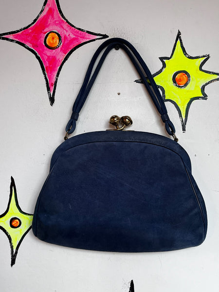 Blue Suede Clutch – 1940s Waldman Purse – Art Deco – Vintage Soft Suede Handbag