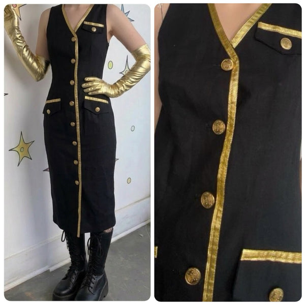 80s Vintage Versace Style Black & Gold Blazer Dress Office Siren Glam Midi - S