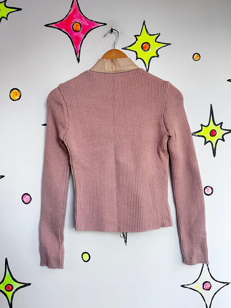 Y2K Pink Leather Jacket | Moto Rib Knit Hybrid Soft Grunge Fairy Ballet Core | S