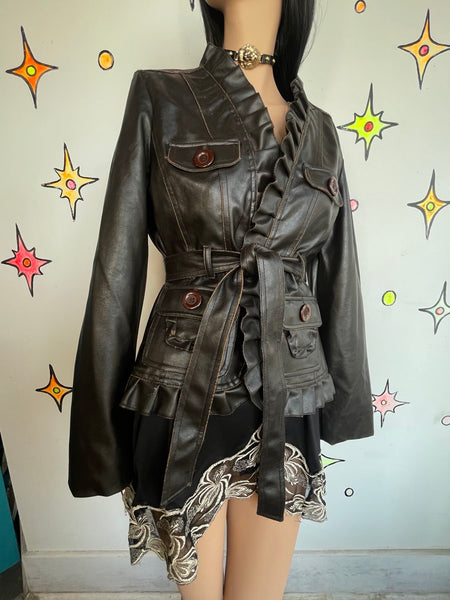 Y2K Babydoll Brown Vegan Leather Jacket – Fairy Grunge Moto Retro M/L