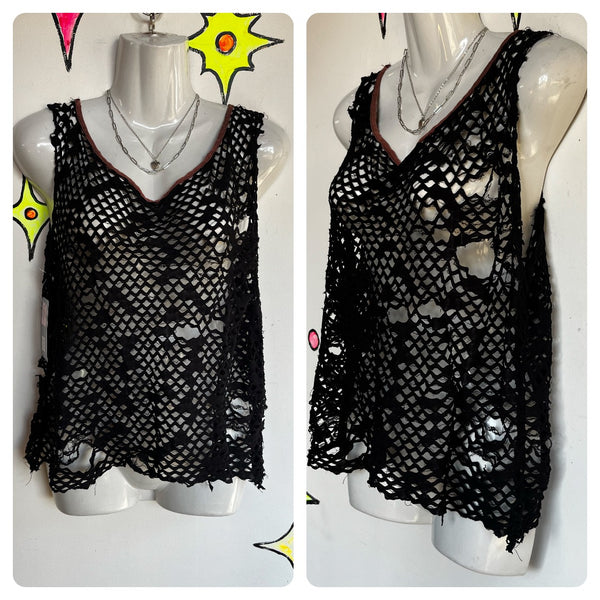 Vintage 90s Y2K | Black Mesh Fairy Grunge Emo Punk Whimsy Goth Top T Shirt | S M