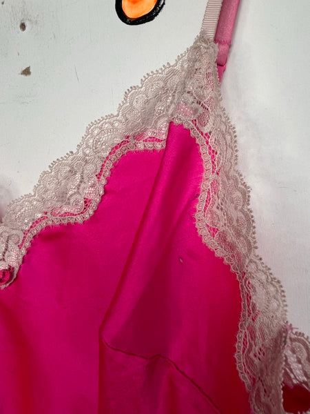 Vintage Victoria’s Secret Hot Pink Satin Slip Dress Lace Babydoll Lingerie – L