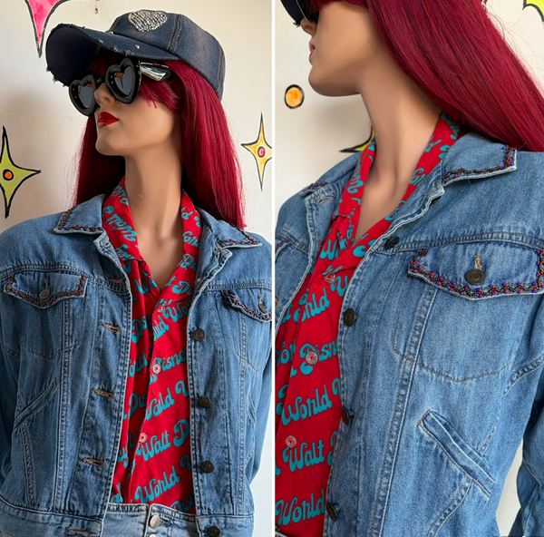 90s Embellished Beaded Denim Jean Jacket Fairy Grunge Whimsy Western S/M