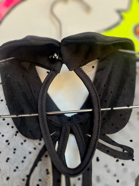 Y2K Black Lace Cropped Blouse – Babydoll Bow Neck Top – Goth Grunge Coquette – L