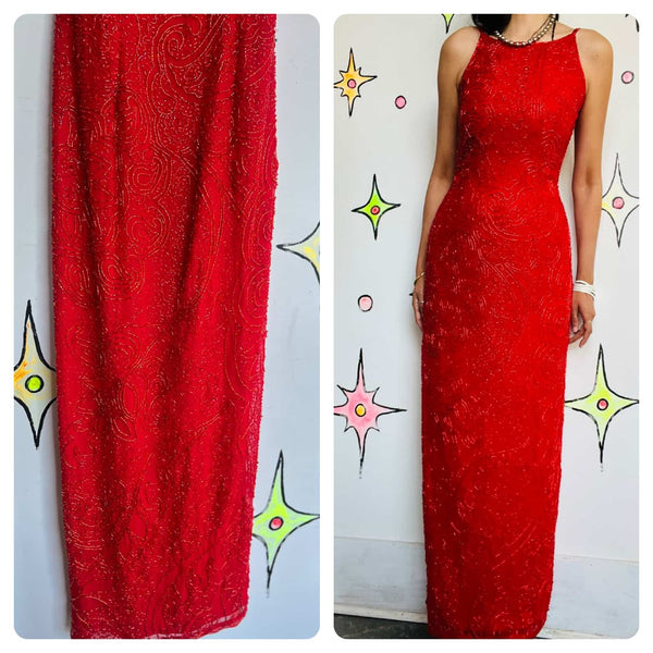 Vintage 80s 90s Cherry Red Fully Beaded Full-Length Glam Gown - S
