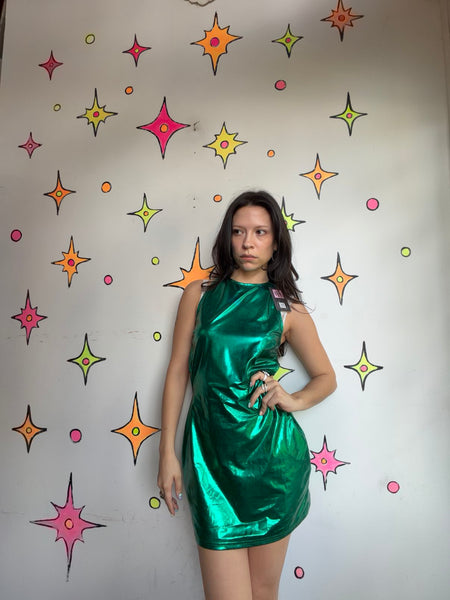 Y2K Green Metallic Galactic Bodycon Mini Dress Futuristic Clubwear Disco Glam SM