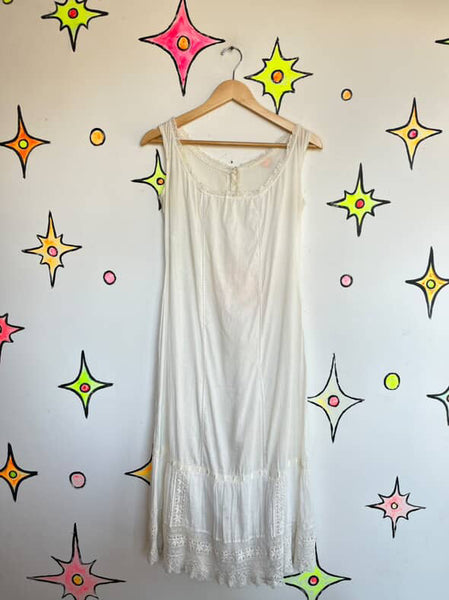 Antique Early 1900s Edwardian Cotton Lace Slip Dress Chemise Corset Cover | S/M