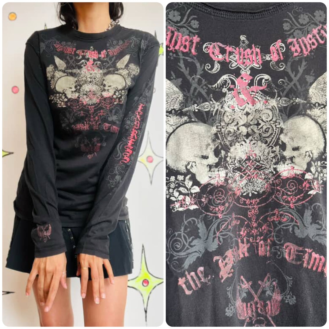 Y2K Grunge Tattoo Print Tee - Fairy Grunge Goth Distressed Vintage T Shirt - S