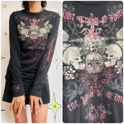 Y2K Grunge Tattoo Print Tee - Fairy Grunge Goth Distressed Vintage T Shirt - S