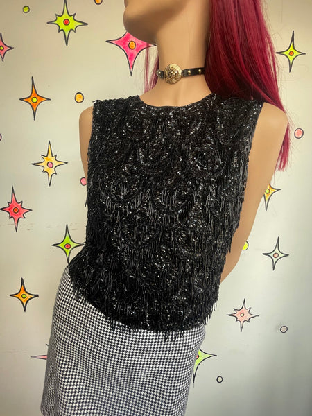 True Vintage 1950s Black Beaded Rayon Top Old Hollywood Glam Goth Luxury M