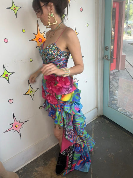 Y2K Bejeweled Peacock Prom Dress Maximalist Rainbow Hi-Low Glam Gown S