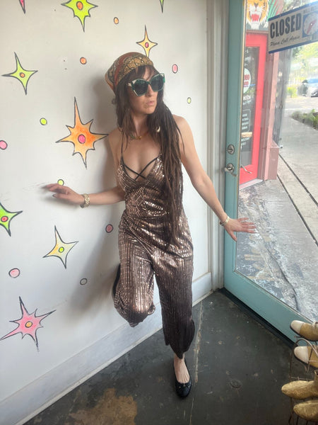 Metallic Gold Y2K Does 70s Disco Wide Leg Party Jumpsuit Retro Clubwear S/M