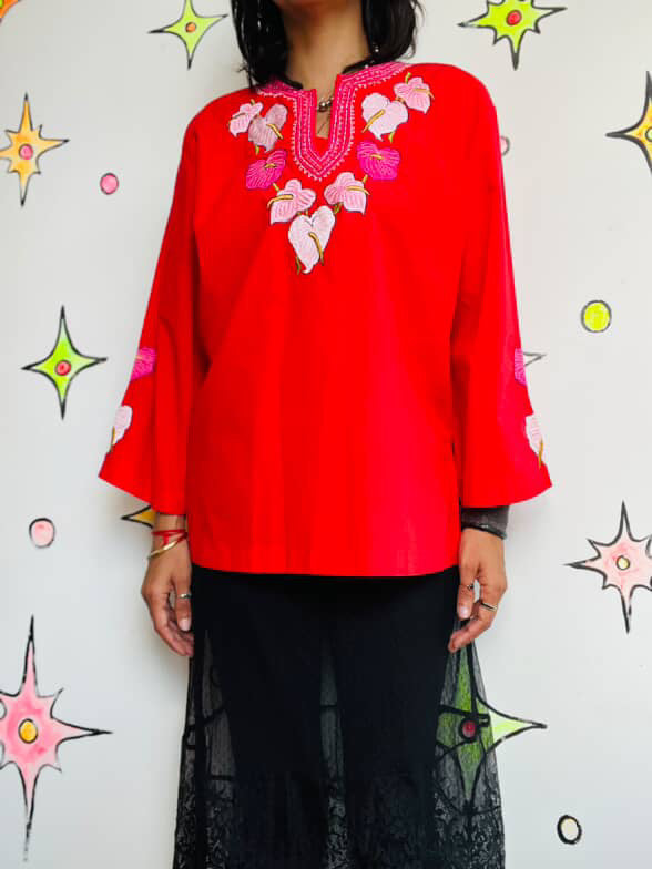 Vintage Cherry Red Boho Embroidered Cotton Blouse – Peasant Folk Top – Flowy XL