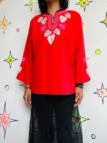 Vintage Cherry Red Boho Embroidered Cotton Blouse – Peasant Folk Top – Flowy XL