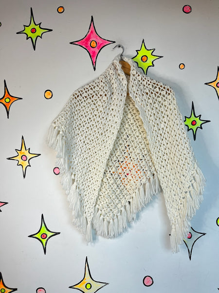 Vintage 70s White Crochet Poncho | Boho Western Festival Cape Shawl | Fringe