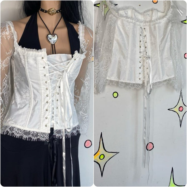 White Lace Corset Top | Fairy Grunge Medieval Balletcore Coquette Blouse – M