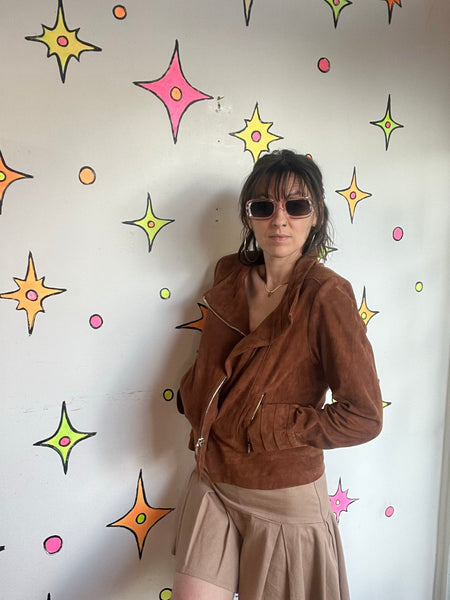 White House Black Market Suede Jacket | Brown Leather Western Boho Moto Jacket M