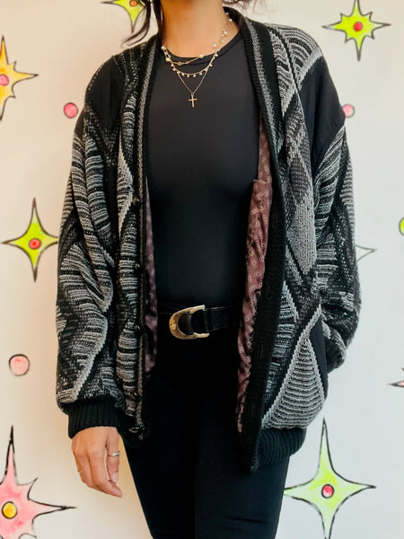 Vintage 90s Y2K Coogi-Style Boho Grunge Cardigan Sweater – Gray & Black - S