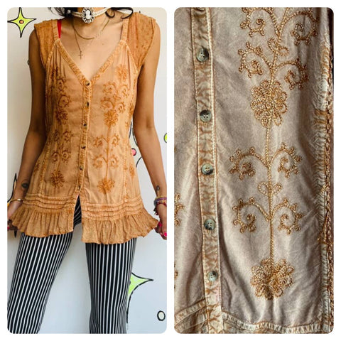 Vintage Embroidered Gauzy Fairy Grunge Boho Cottage Core Blouse Top | Free Size