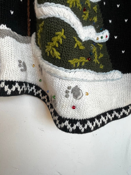 80s Quacker Factory Christmas Sweater Tacky Ugly Christmas Cat Snowman Tree M
