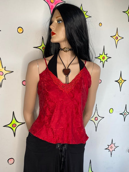 Vintage Silk Red Rose Lace Cami | Vamp Glam Romantic Goth Slip Top – L