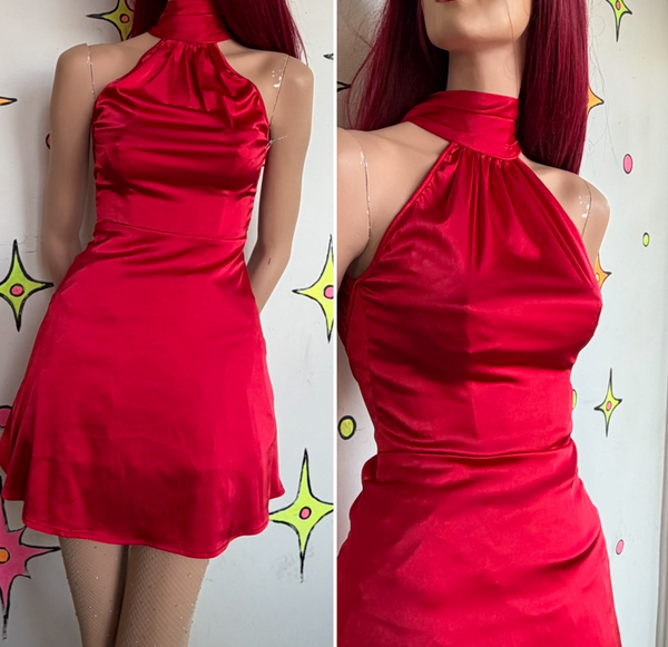 Red Satin Mini Dress 1930s Revival Old Hollywood Vamp Goth Slip Dress XS